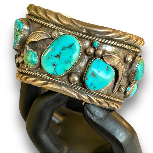 Massive Vintage Navajo Sterling Silver & Turquoise Cuff Bracelet Signed DUTOM! - Picture 12 of 16